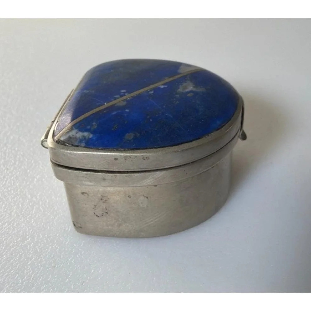 Lapis Lazuli Ring Pill Trinket Box Silver Metal Trim & Hinged Lid Pyrite Flecks